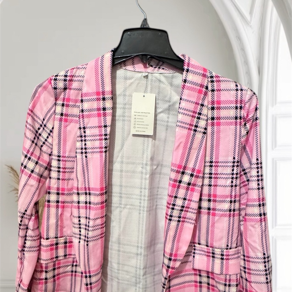Stylish Pink Plaid Women's Blazer
